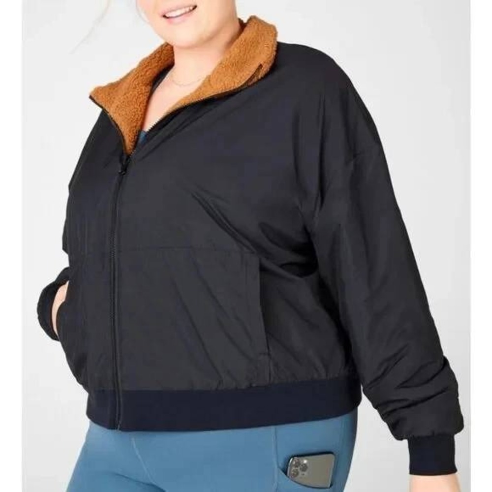 Fabletics‎ Womens Reversible Sherpa Bomber Jacket Black Brown Streetwear Size L